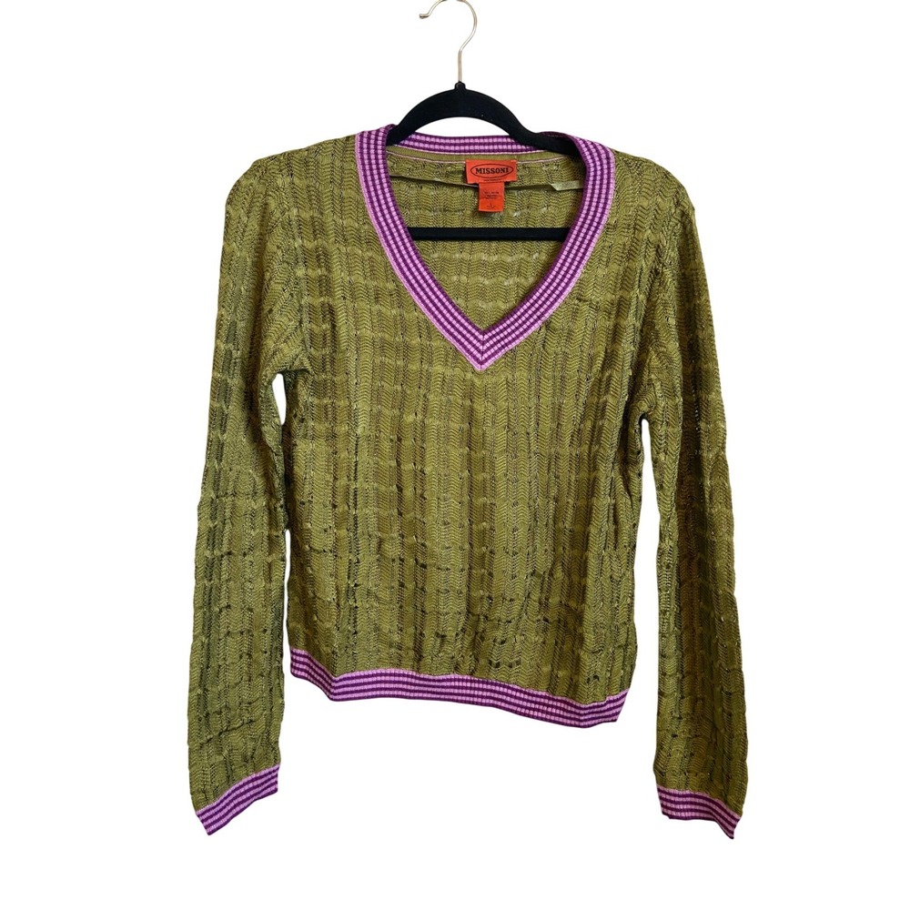Missoni for Target Green Textured Knit‎ V-Neck Sweater Purple Trim Large NEW